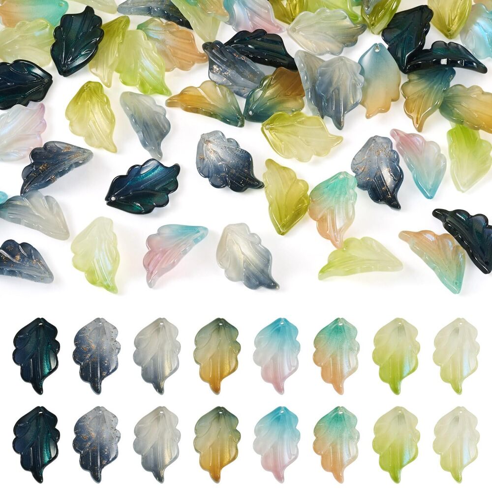 5804 64Pcs Crystal Glass Leaf Charms Handmade Lampwork Leave Pendants